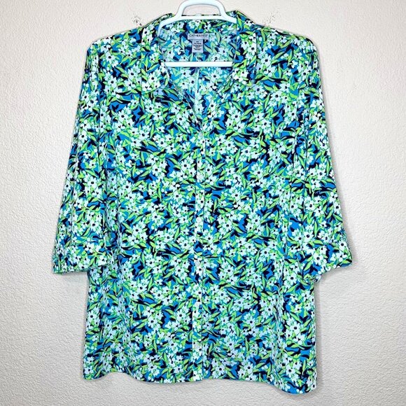 Green Floral Boho Chic Button Front Stretch Tunic Blouse Top Women 3X - Picture 1 of 8